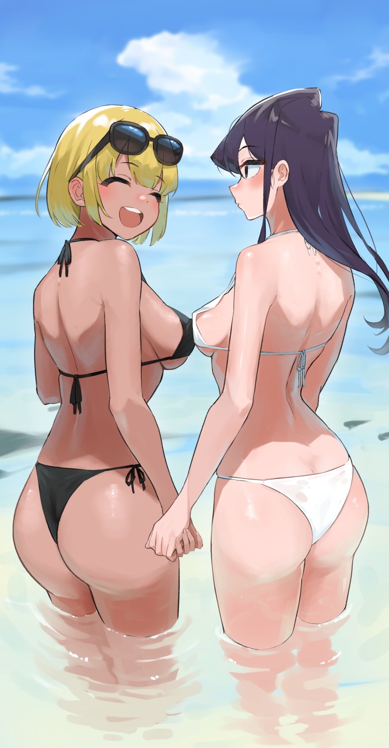 ass, bathing, bikini, komi-san_wa_komyushou_desu., komi_shouko, megane, swimsuits, takita_(takita3411), thong, wet, yuri