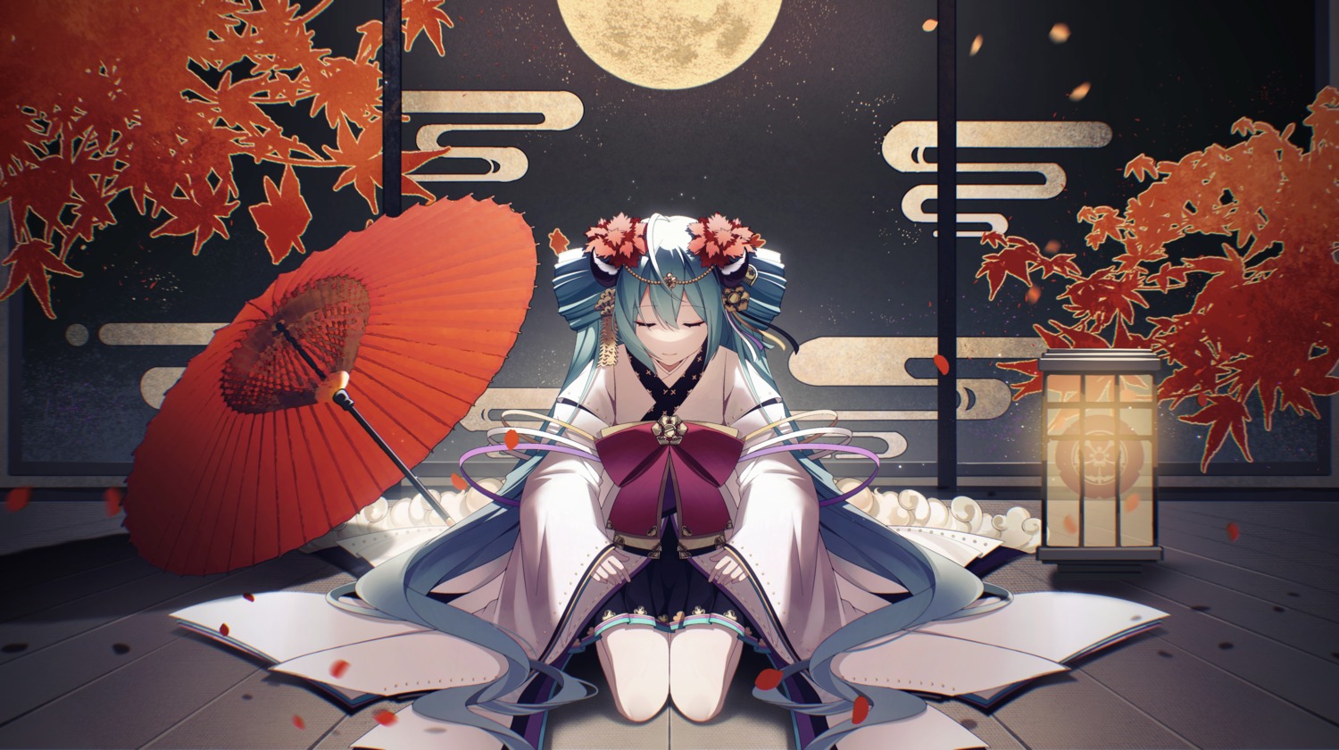hatsune_miku, japanese_clothes, kanvien, umbrella, vocaloid
