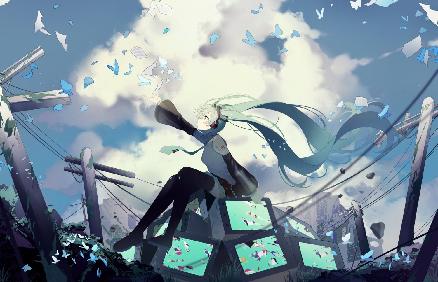 hatsune_miku, headphones, kanvien, tattoo, thighhighs, vocaloid