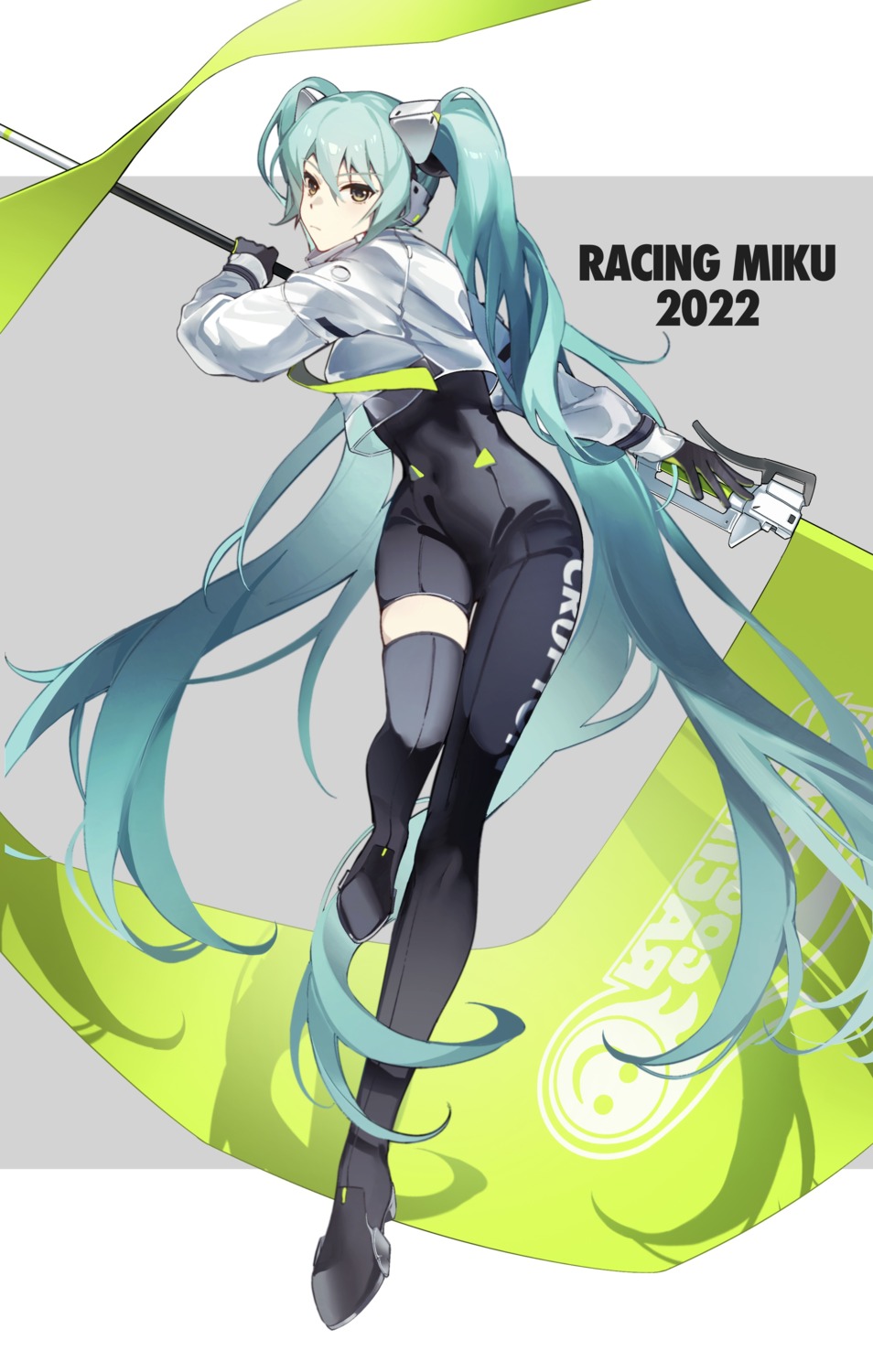 bodysuit, goodsmile_racing, hatsune_miku, headphones, kanvien, racing_miku, thighhighs, vocaloid