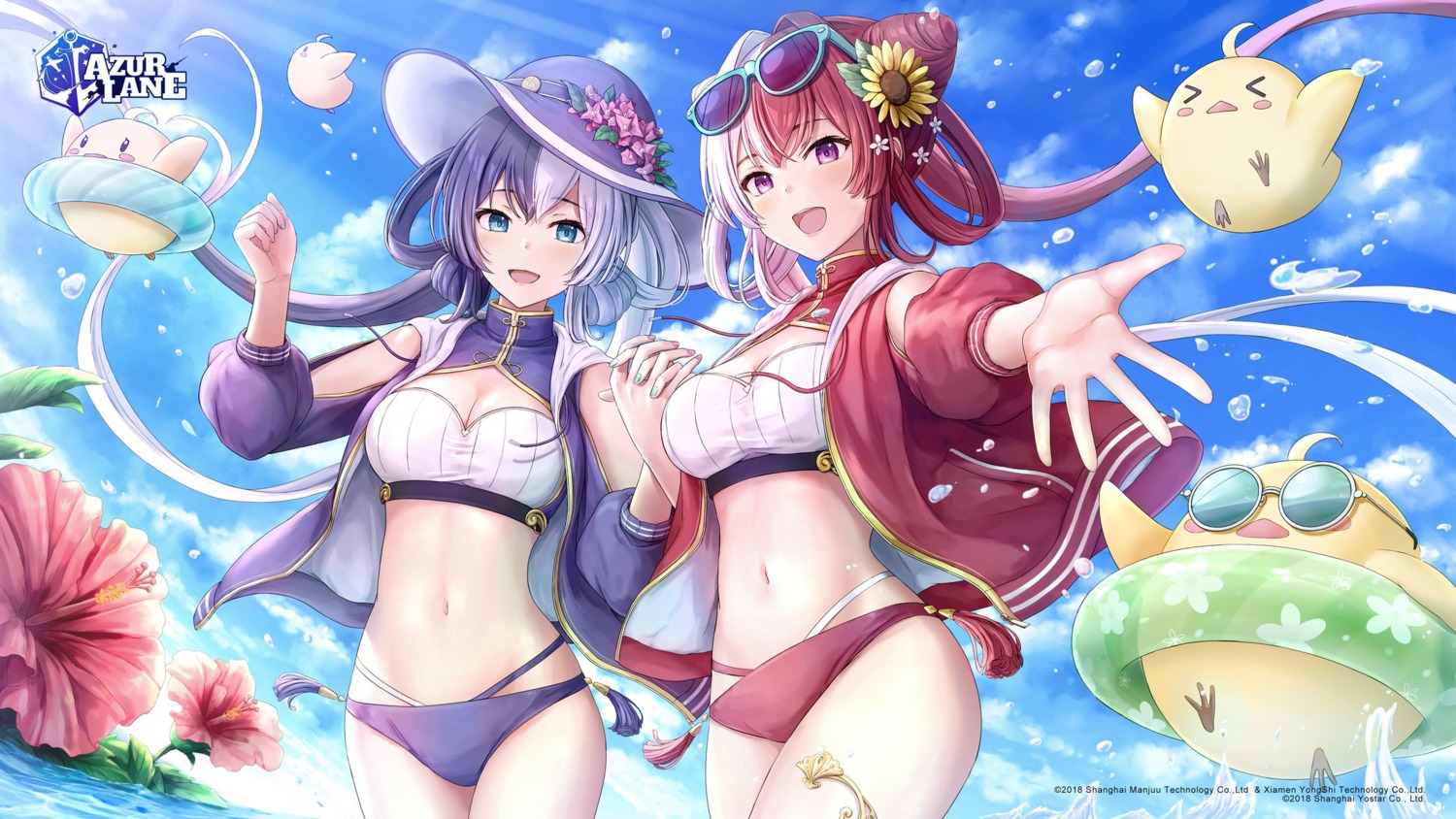 azur_lane, bikini, chao_ho_(azur_lane), cleavage, manjuu_(azur_lane), megane, open_shirt, swimsuits