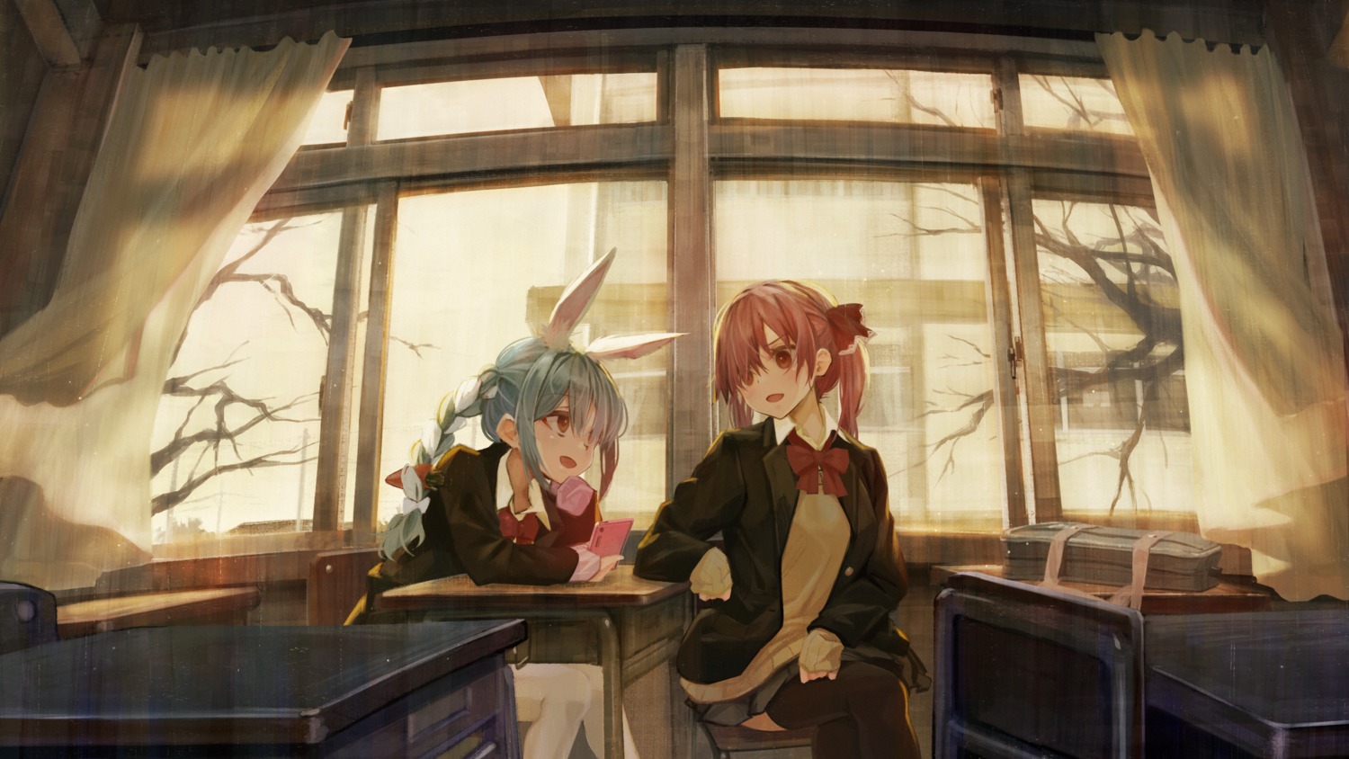 animal_ears, anzi, bunny_ears, hololive, houshou_marine, seifuku, sweater, thighhighs