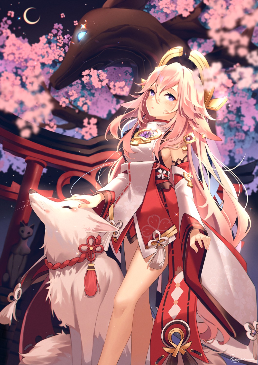 animal_ears, genshin_impact, japanese_clothes, kitsune, kuri_(animejpholic), no_bra, yae_miko