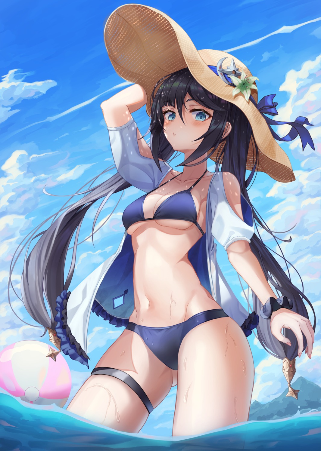 bikini, garter, genshin_impact, mona_megistus, open_shirt, slime_nyang, swimsuits, wet