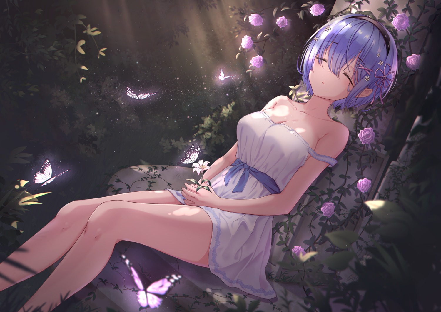 dress, marinesnow, no_bra, re:zero_kara_hajimeru_isekai_seikatsu, rem_(re_zero), summer_dress