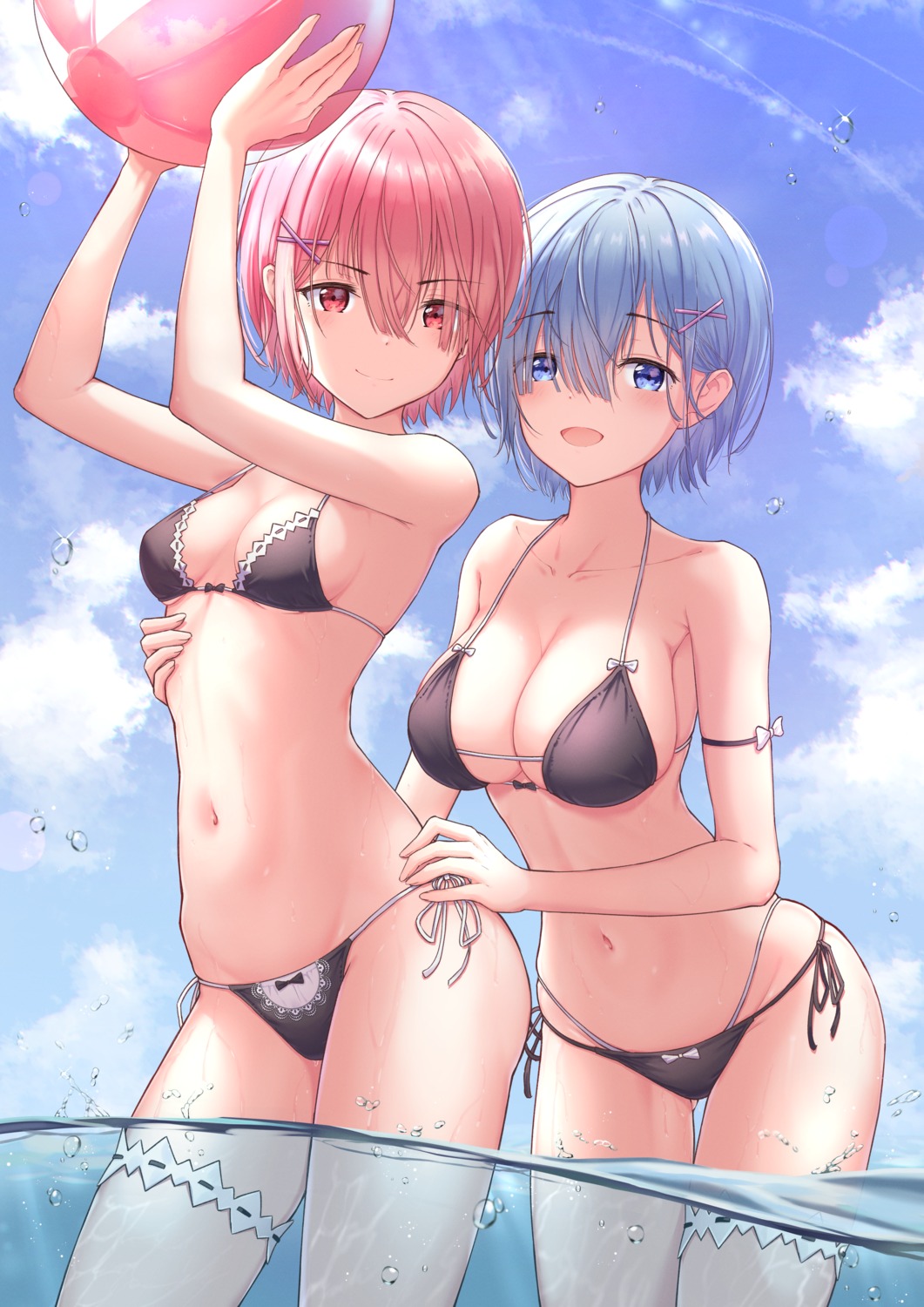 bikini, garter, marinesnow, ram_(re_zero), re:zero_kara_hajimeru_isekai_seikatsu, rem_(re_zero), swimsuits, wet