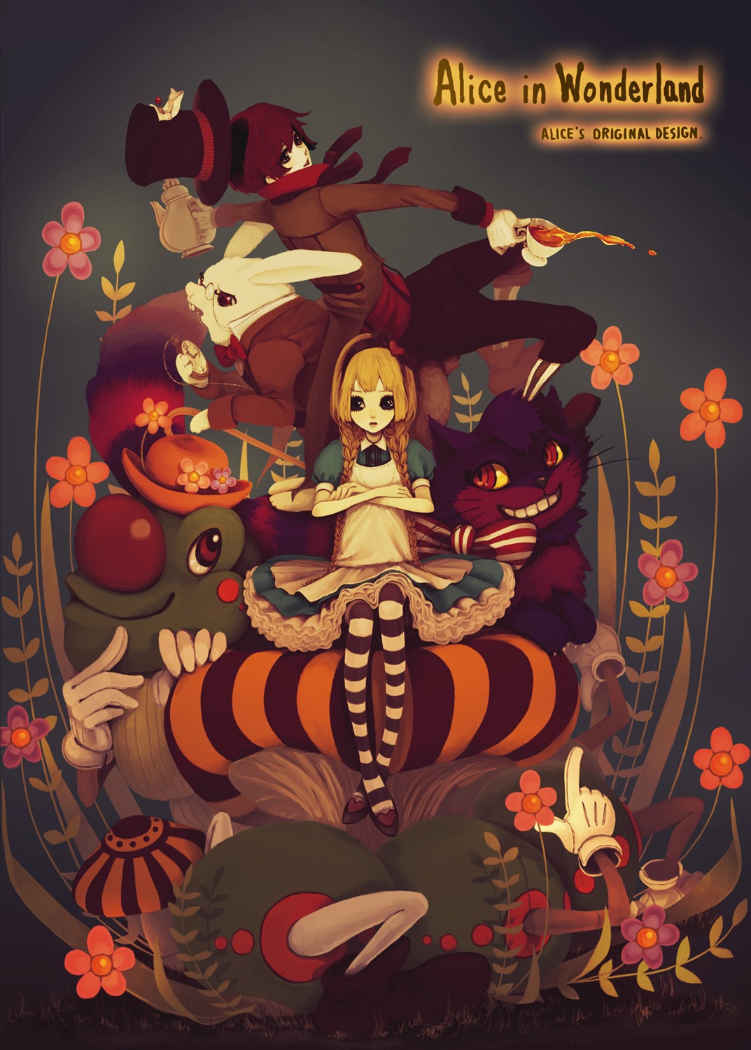 alice, alice_in_wonderland, caterpillar_(wonderland), cheshire_cat, lolita_fashion, mad_hatter, shoku, thighhighs, white_rabbit