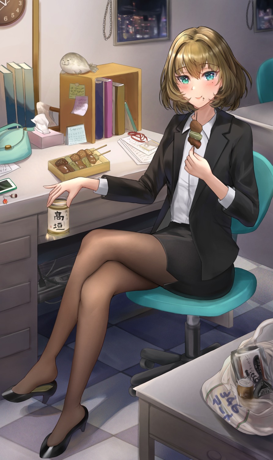 business_suit, cream, heels, heterochromia, nyome991, pantyhose, takagaki_kaede, the_idolm@ster