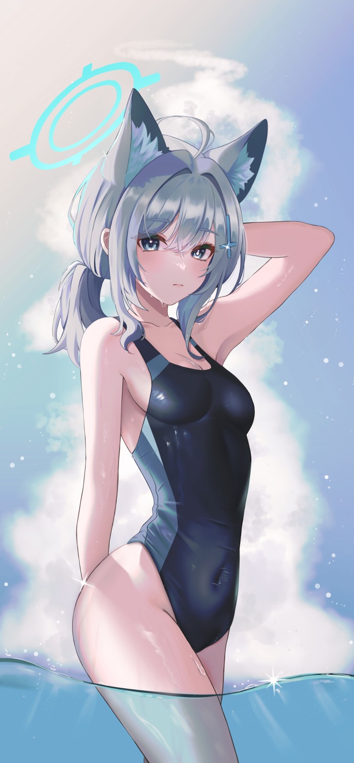 animal_ears, blue_archive, cleavage, doongdang, halo, nekomimi, sunaookami_shiroko, swimsuits, wet