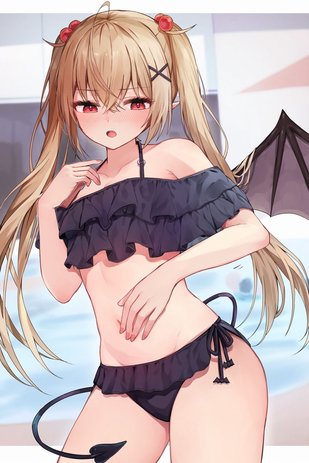 bikini, cleavage, pointy_ears, racchi., swimsuits, tail, wings