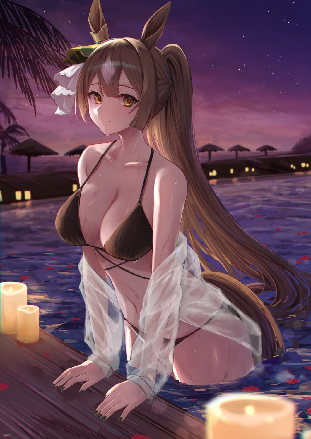 animal_ears, bikini, hitomin_(ksws7544), open_shirt, satono_diamond_(umamusume), see_through, swimsuits, tail, uma_musume_pretty_derby, wet, wet_clothes