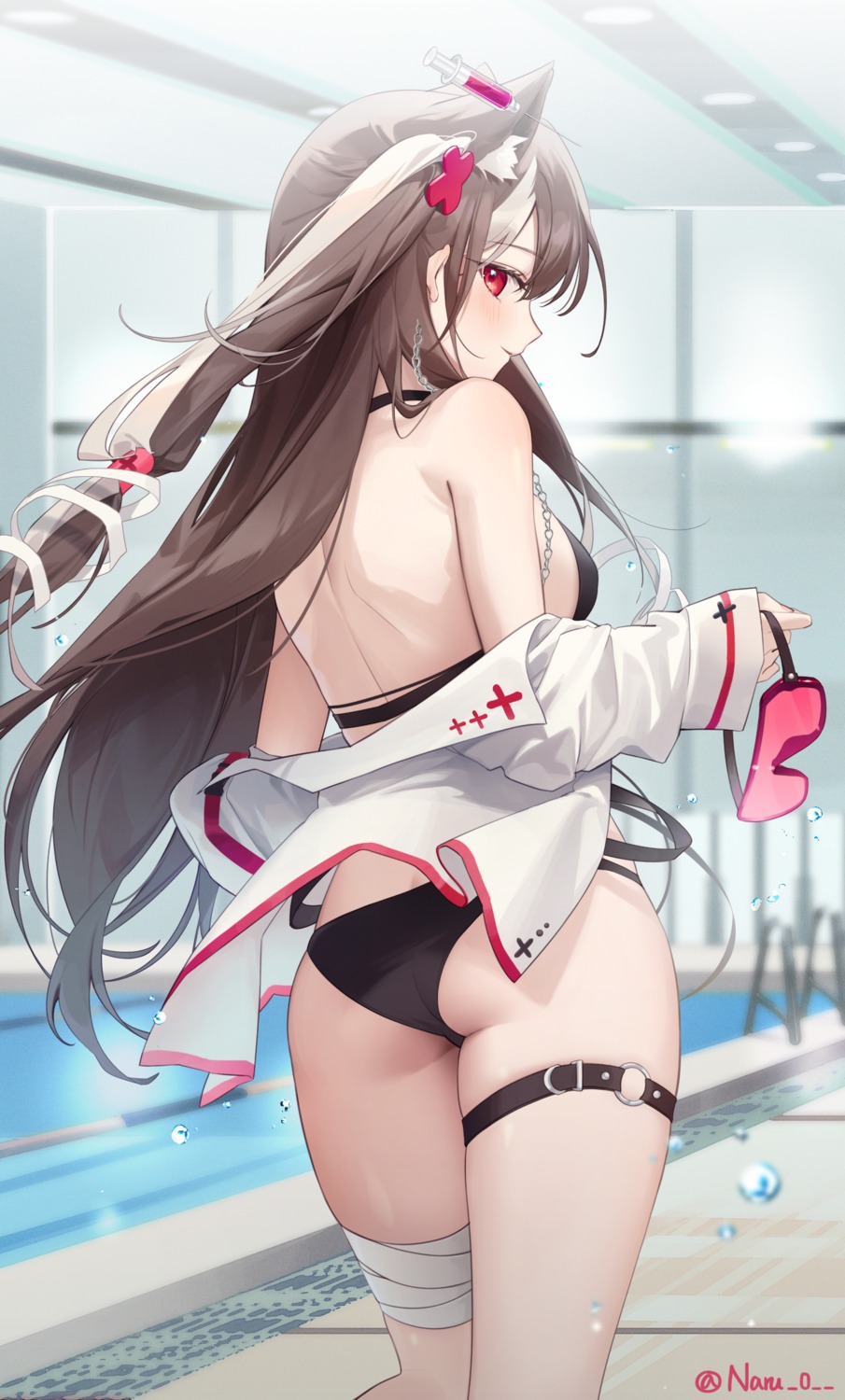 animal_ears, ass, bandages, bikini, garter, naru_0, open_shirt, swimsuits