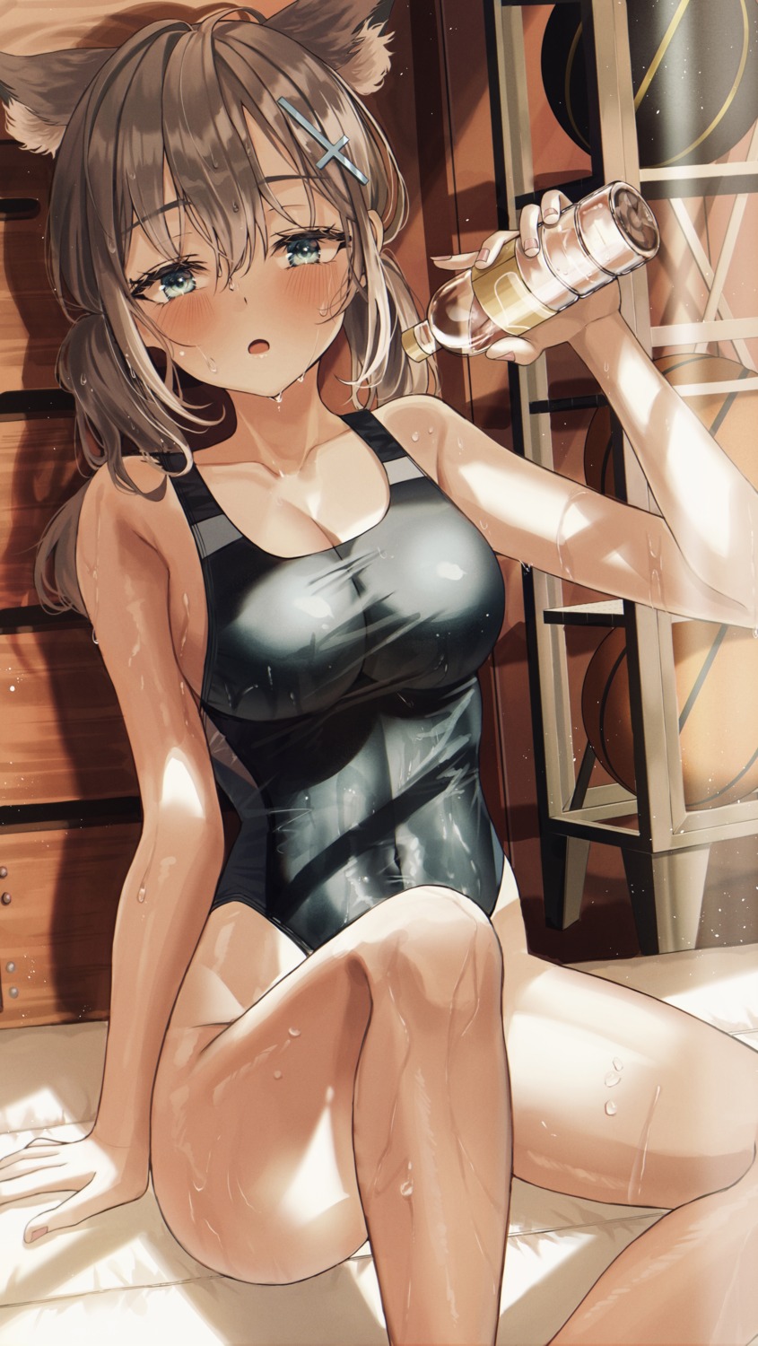 animal_ears, blue_archive, jjuha6, nekomimi, sunaookami_shiroko, swimsuits, wet