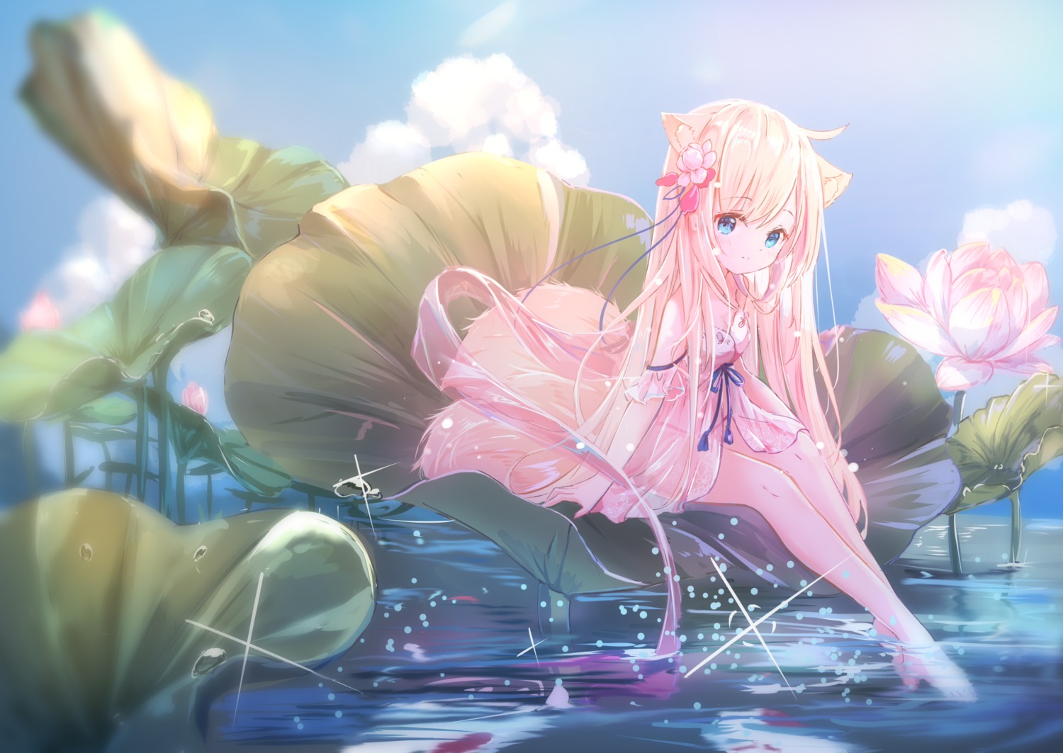 animal_ears, heels, kitsune, peas_(peas0125), see_through, tail, wet
