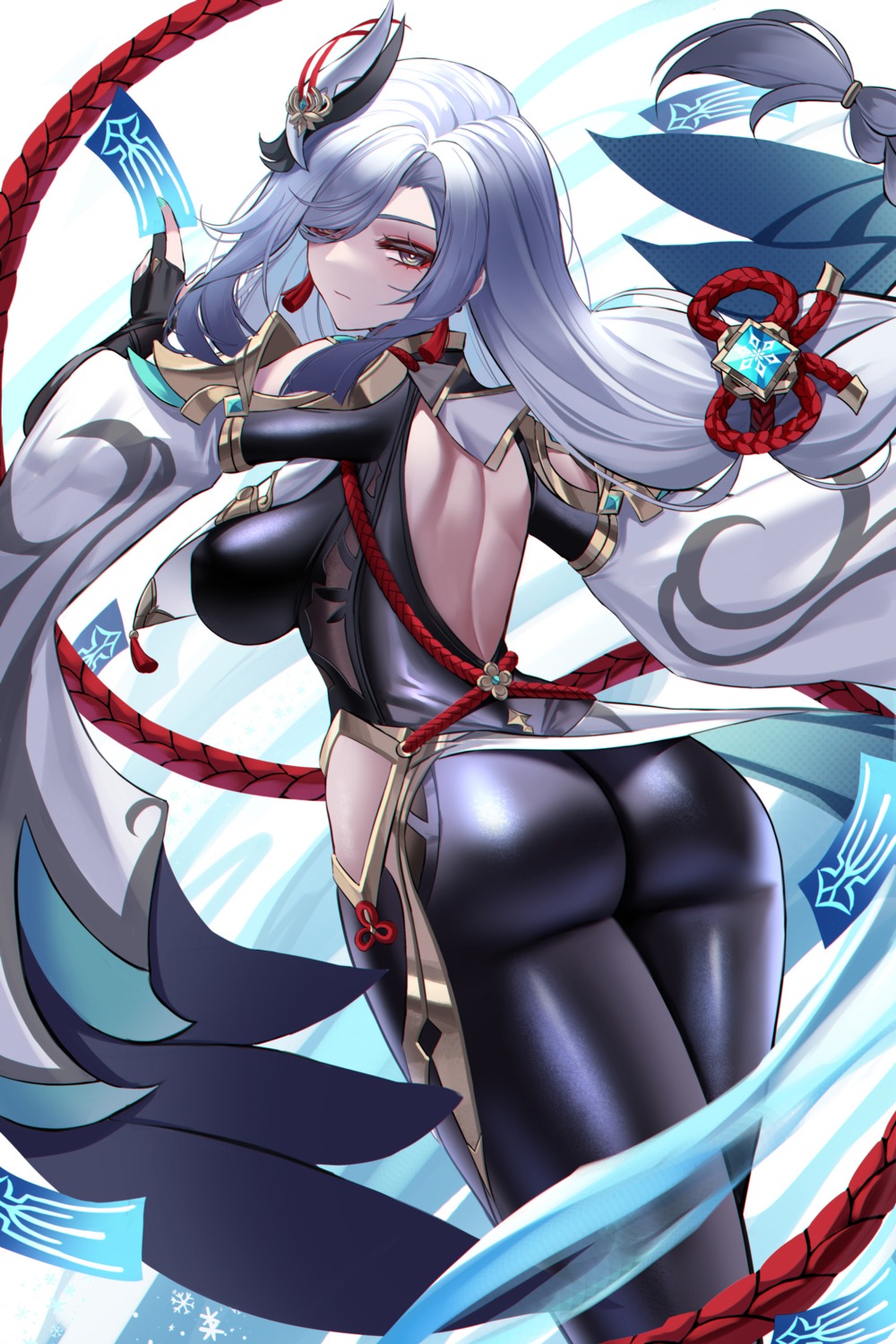 asian_clothes, ass, bodysuit, eternity_(shadeh), genshin_impact, no_bra, shenhe