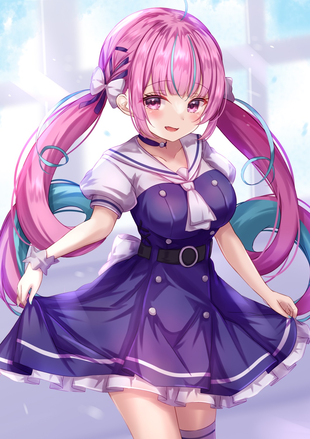 hololive, minato_aqua, seifuku, skirt_lift, thighhighs, yuano