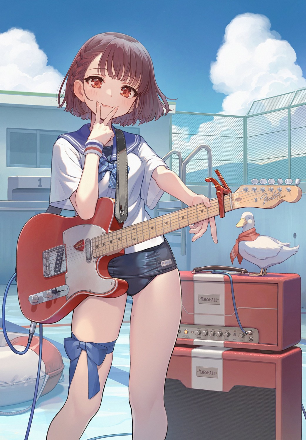 garter, guitar, kurobuta_gekkan, school_swimsuit, seifuku, swimsuits