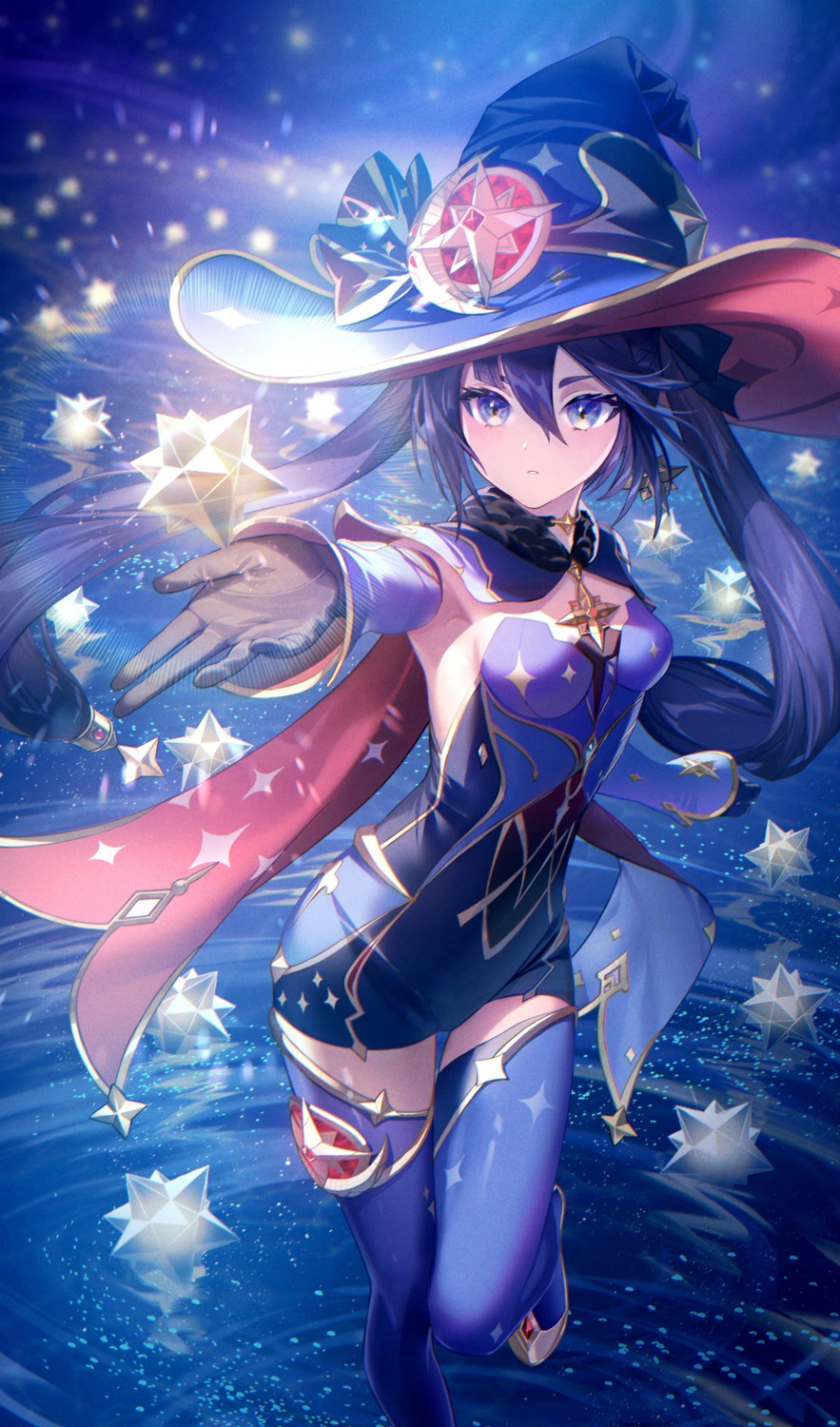 garter, genshin_impact, maica_sunahara, mona_megistus, no_bra, thighhighs, witch