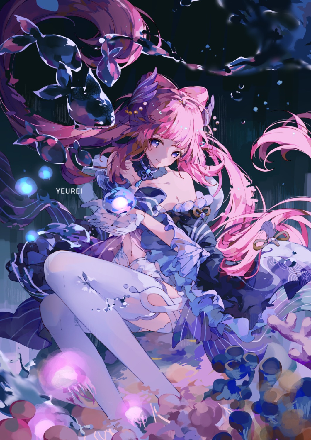 dress, genshin_impact, no_bra, sangonomiya_kokomi, see_through, thighhighs, yeurei