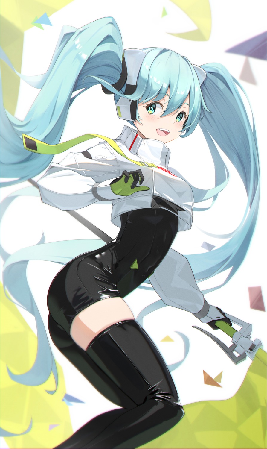 ass, bodysuit, goodsmile_racing, hatsune_miku, headphones, racing_miku, thighhighs, three_twosix