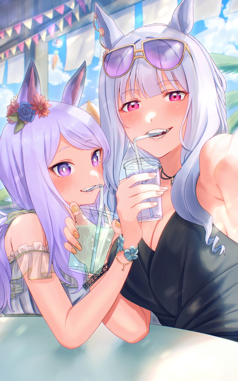 animal_ears, cleavage, gold_ship_(umamusume), megane, mejiro_mcqueen_(umamusume), see_through, seisei_tamago, selfie