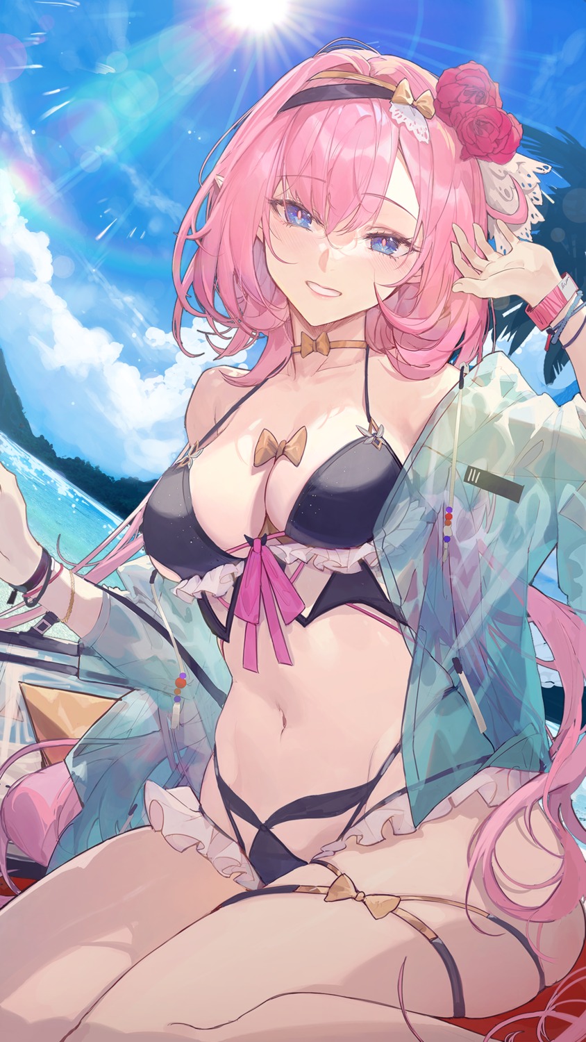 benghuai_xueyuan, bikini, elysia_(honkai_impact), garter, honkai_impact, kuroduki_(pieat), open_shirt, see_through, swimsuits