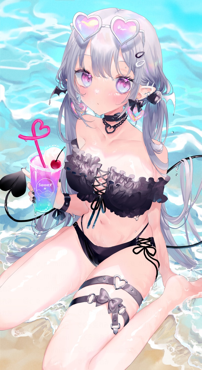 bikini, garter, megane, pointy_ears, remimim, swimsuits, tail, wet