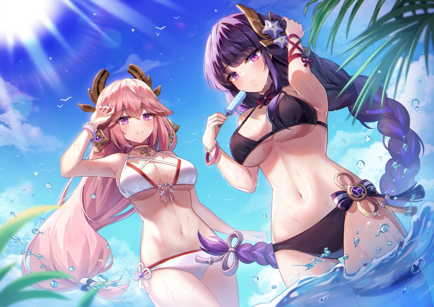 animal_ears, bikini, genshin_impact, hayun, kitsune, raiden_shogun, swimsuits, wet, yae_miko