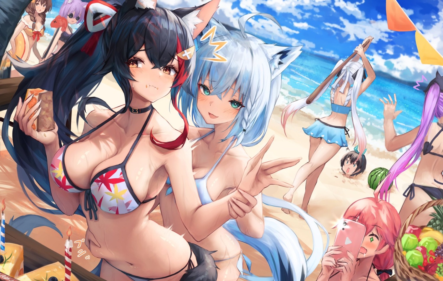 animal_ears, bikini, cream, hololive, hololive_gamers, horns, inre_kemomimi, inugami_korone, kitsune, megane, nekomata_okayu, nekomimi, ookami_mio, oozora_subaru, sakura_miko, shirakami_fubuki, swimsuits, tail, tokoyami_towa, weapon, yuri