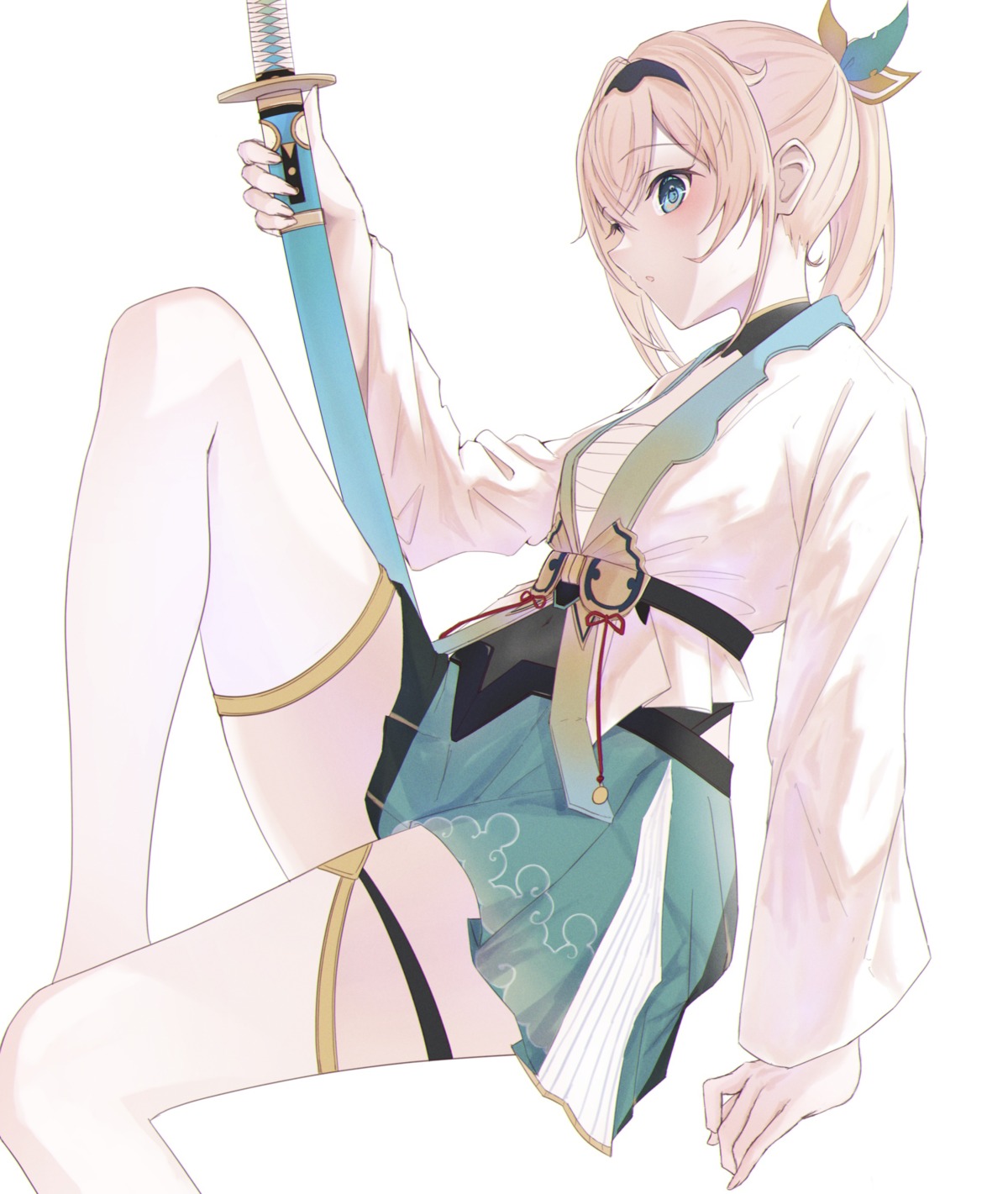 garter, hololive, japanese_clothes, kazama_iroha, open_shirt, rin_(pixiv26201783), sarashi, sword