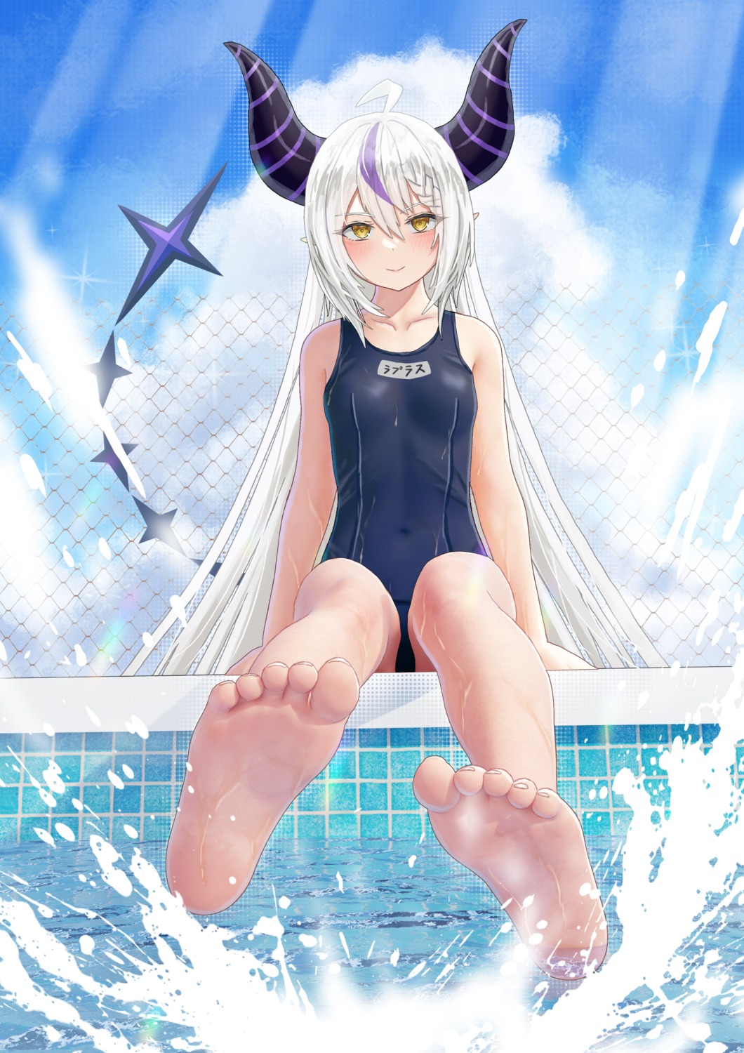 andy2465, feet, hololive, horns, la+_darknesss, pointy_ears, school_swimsuit, swimsuits, tail, wet