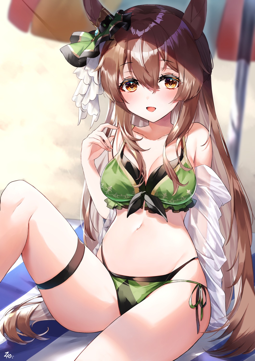 40_(0f0urw), animal_ears, bikini, cleavage, open_shirt, satono_diamond_(umamusume), see_through, swimsuits, tail, uma_musume_pretty_derby