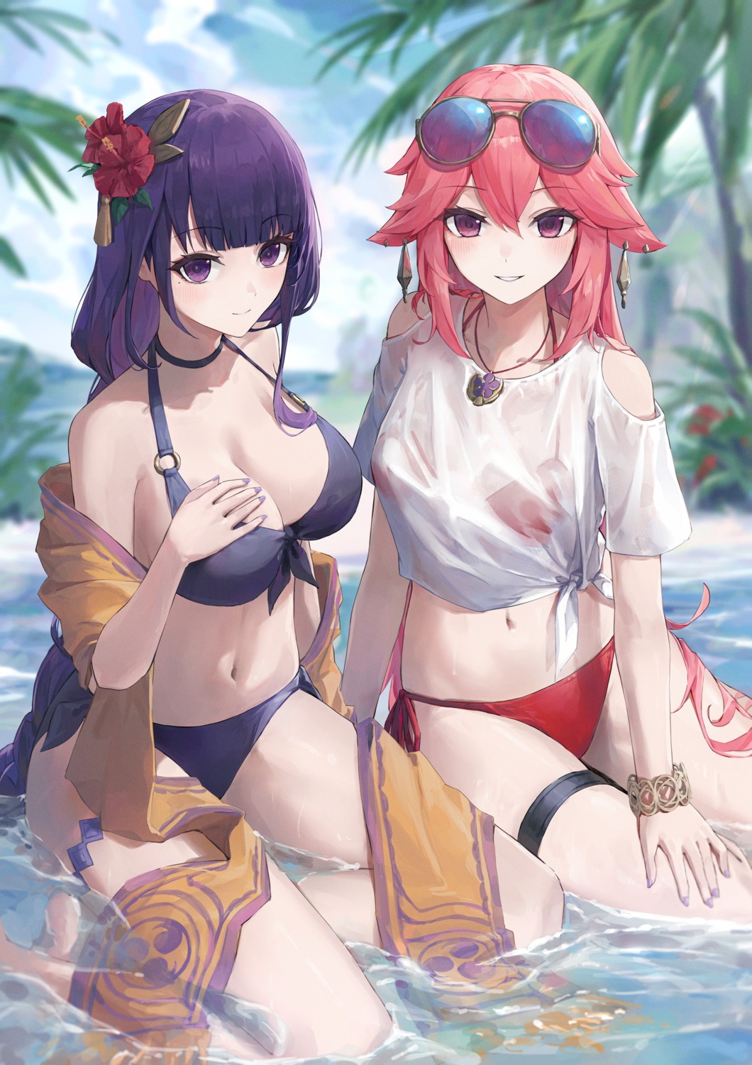 animal_ears, ebiri_fy, garter, genshin_impact, kitsune, megane, open_shirt, raiden_shogun, see_through, wet, wet_clothes, yae_miko