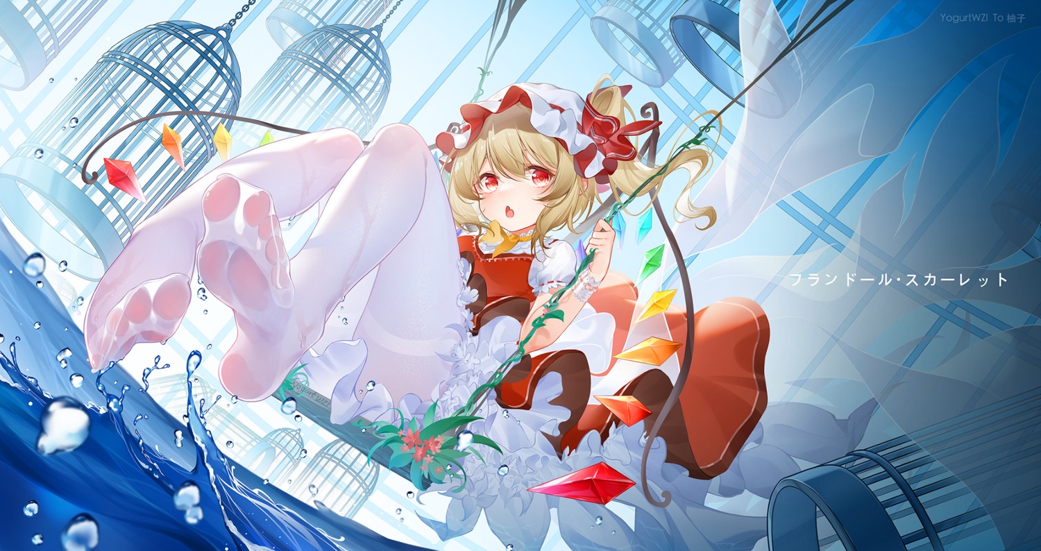 dress, feet, flandre_scarlet, pantyhose, see_through, skirt_lift, suannai_wanzi, touhou, wet_clothes, wings