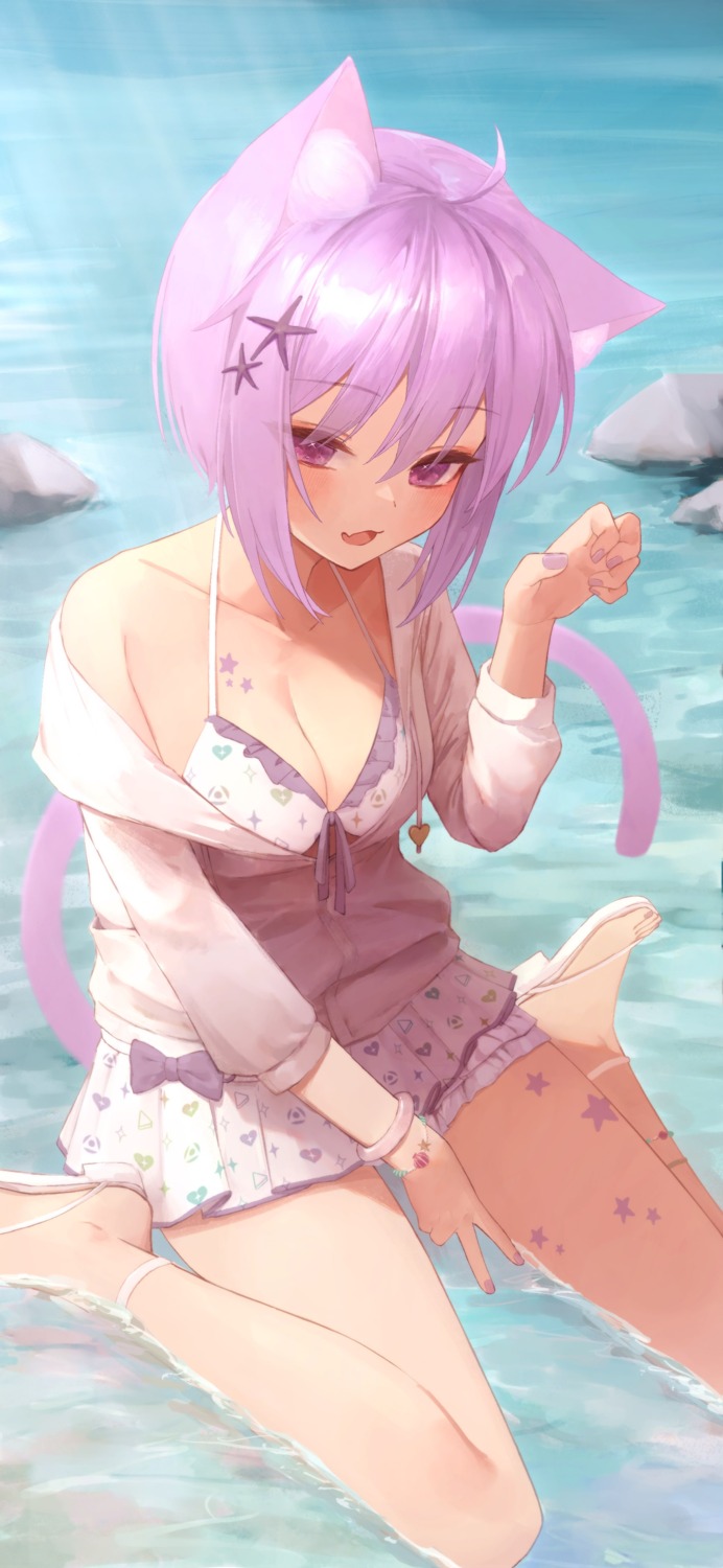 animal_ears, bikini, garter, hololive, hololive_gamers, nanome_to, nekomata_okayu, nekomimi, open_shirt, swimsuits, tail, tattoo, wet