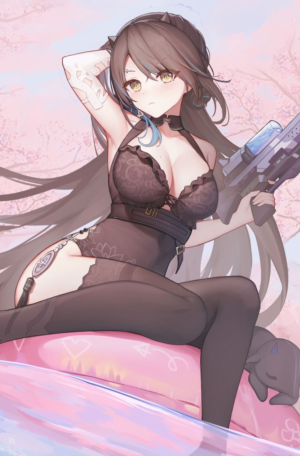 arknights, artist_revision, blacknight_(arknights), cyanide-whale, gun, thighhighs