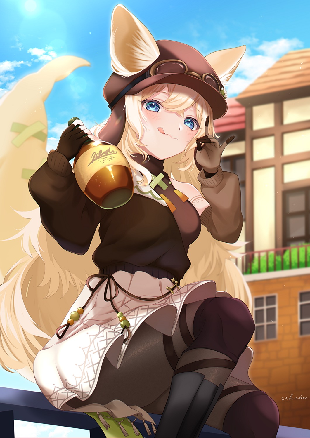 animal_ears, ichi_kq, kitsune, pantyhose, skirt_lift, tail