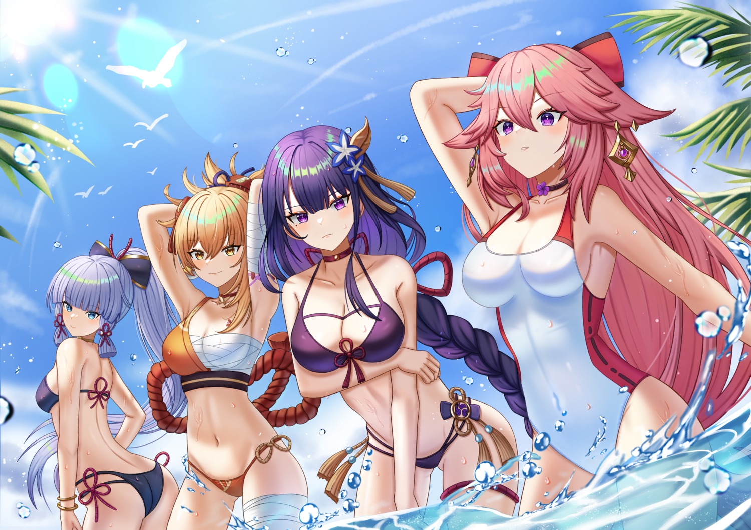 animal_ears, ass, bandages, bikini, cleavage, garter, genshin_impact, kamisato_ayaka