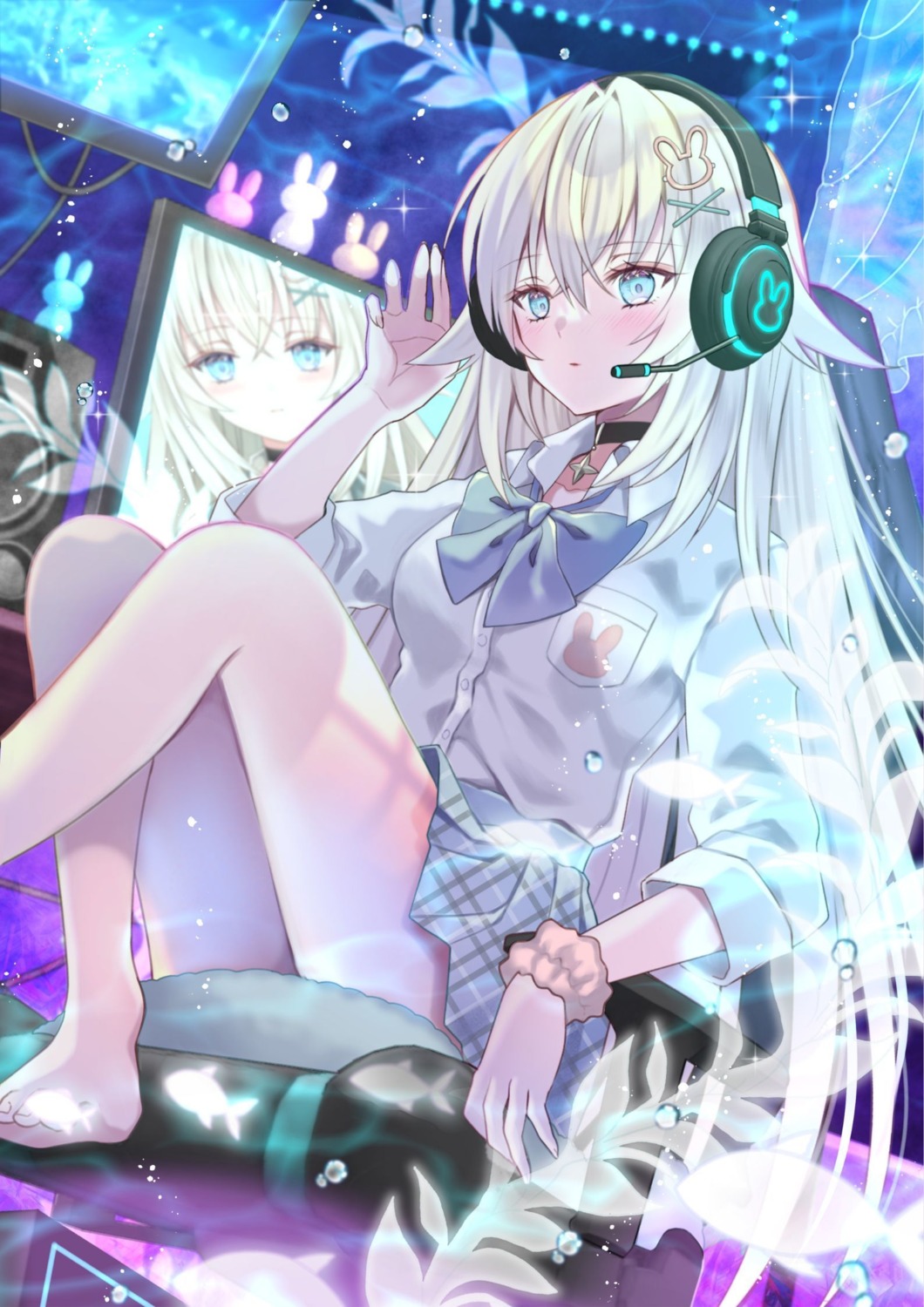 headphones, indie_virtual_youtuber, nozomi_(serendipity), seifuku, skirt_lift, tachibana_usa
