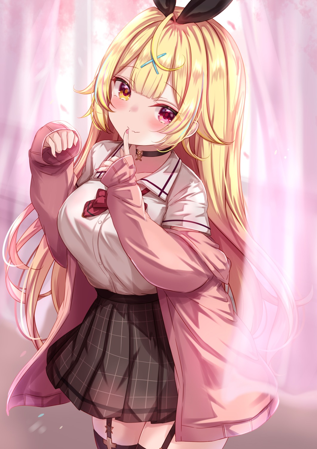 animal_ears, bunny_ears, heterochromia, hoshikawa_sara, nijisanji, seifuku, stockings, sweater