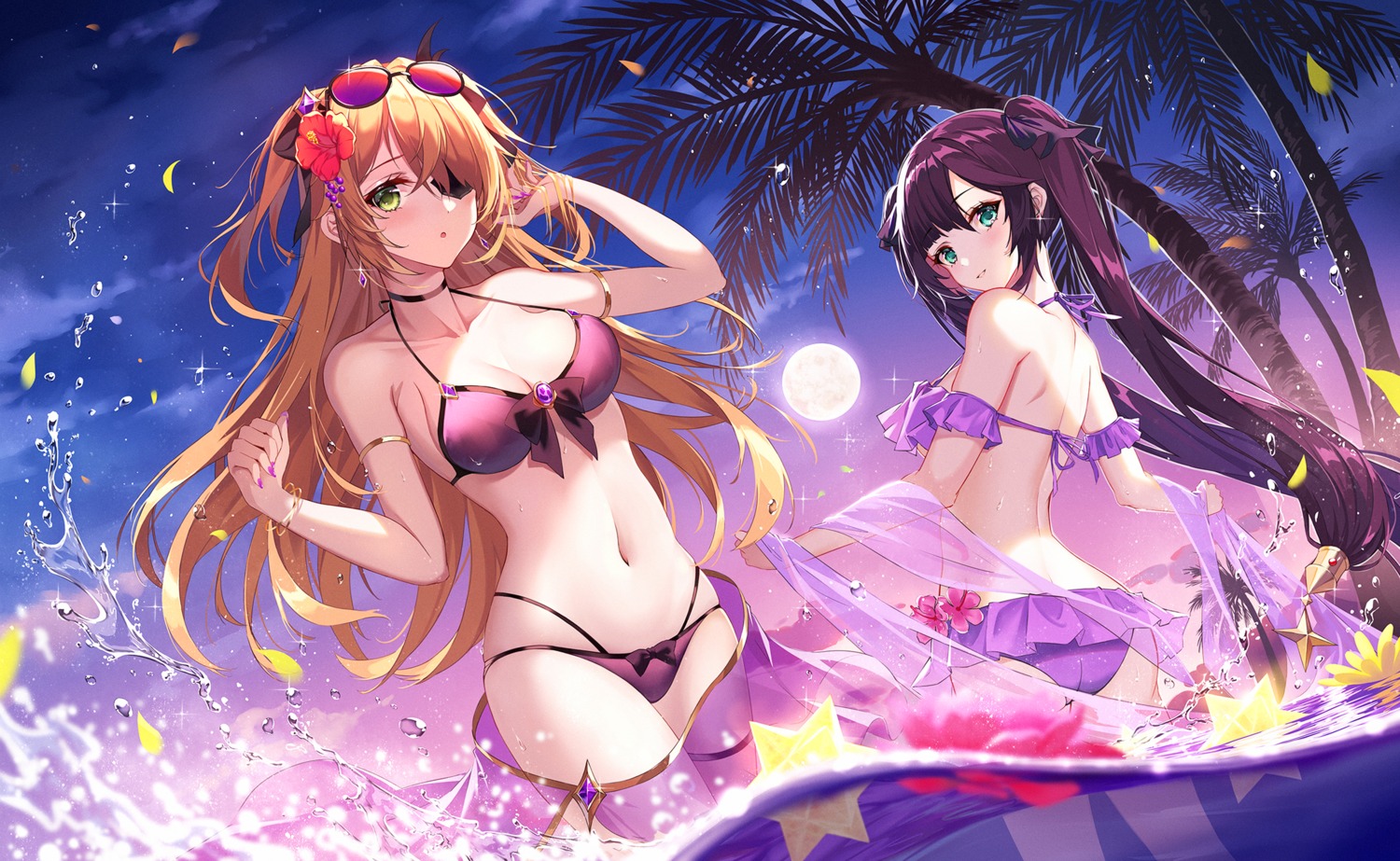 artist_revision, ass, augu_(523764197), bikini, eyepatch, fischl, genshin_impact, megane, mona_megistus, see_through, swimsuits, wet
