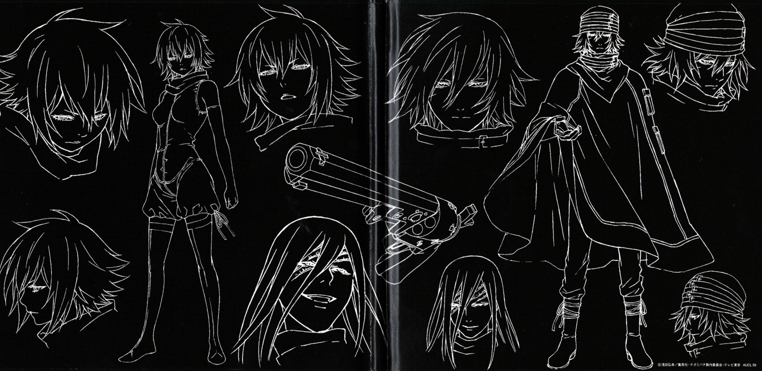 character_design, crease, disc_cover, gauche_suede, gun, lawrence_(tegami_bachi), line_art, roda_(tegami_bachi)