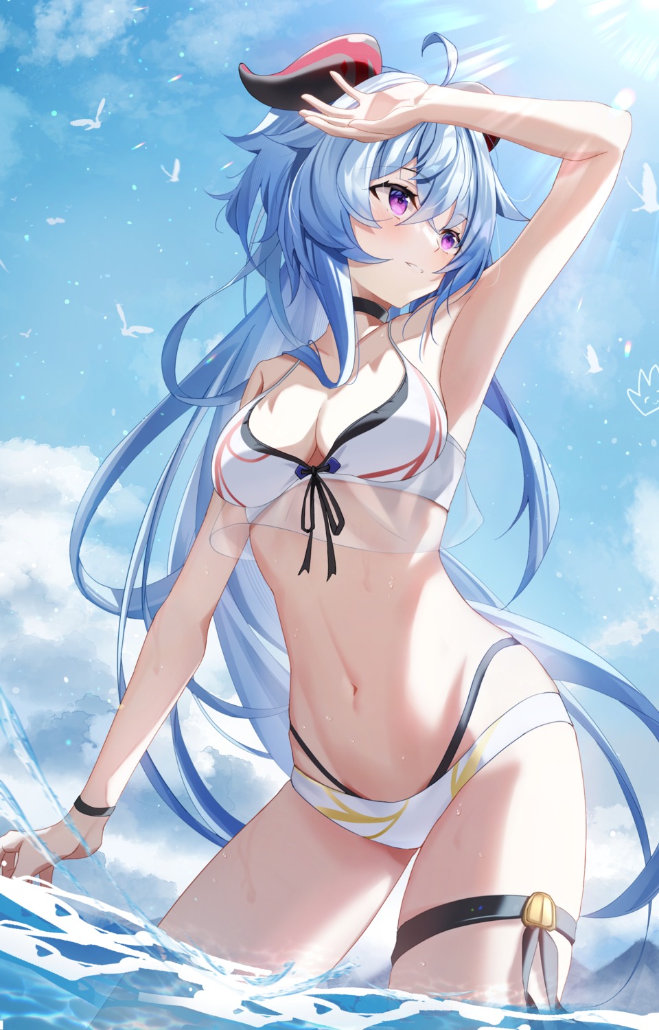bikini, ganyu, garter, genshin_impact, hishiki_(pixi14719710), horns, see_through, swimsuits, wet