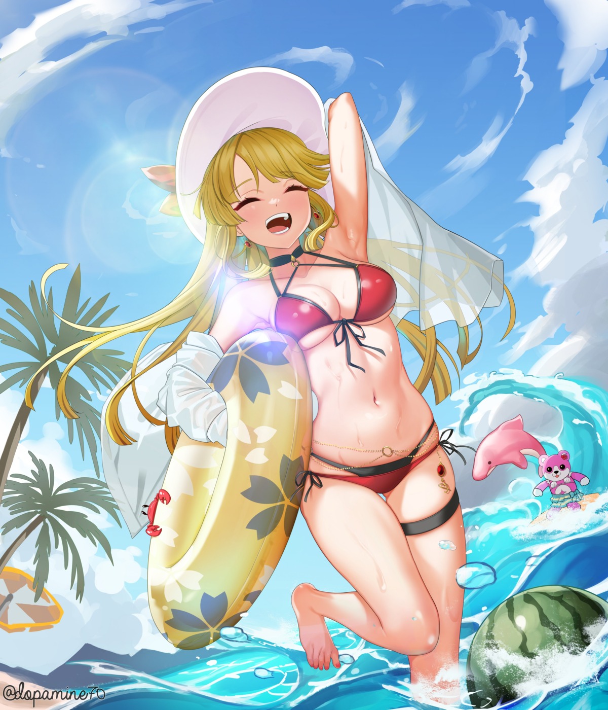 bang_dream!, bikini, dopamine70, garter, open_shirt, see_through, swimsuits, tsurumaki_kokoro, wet
