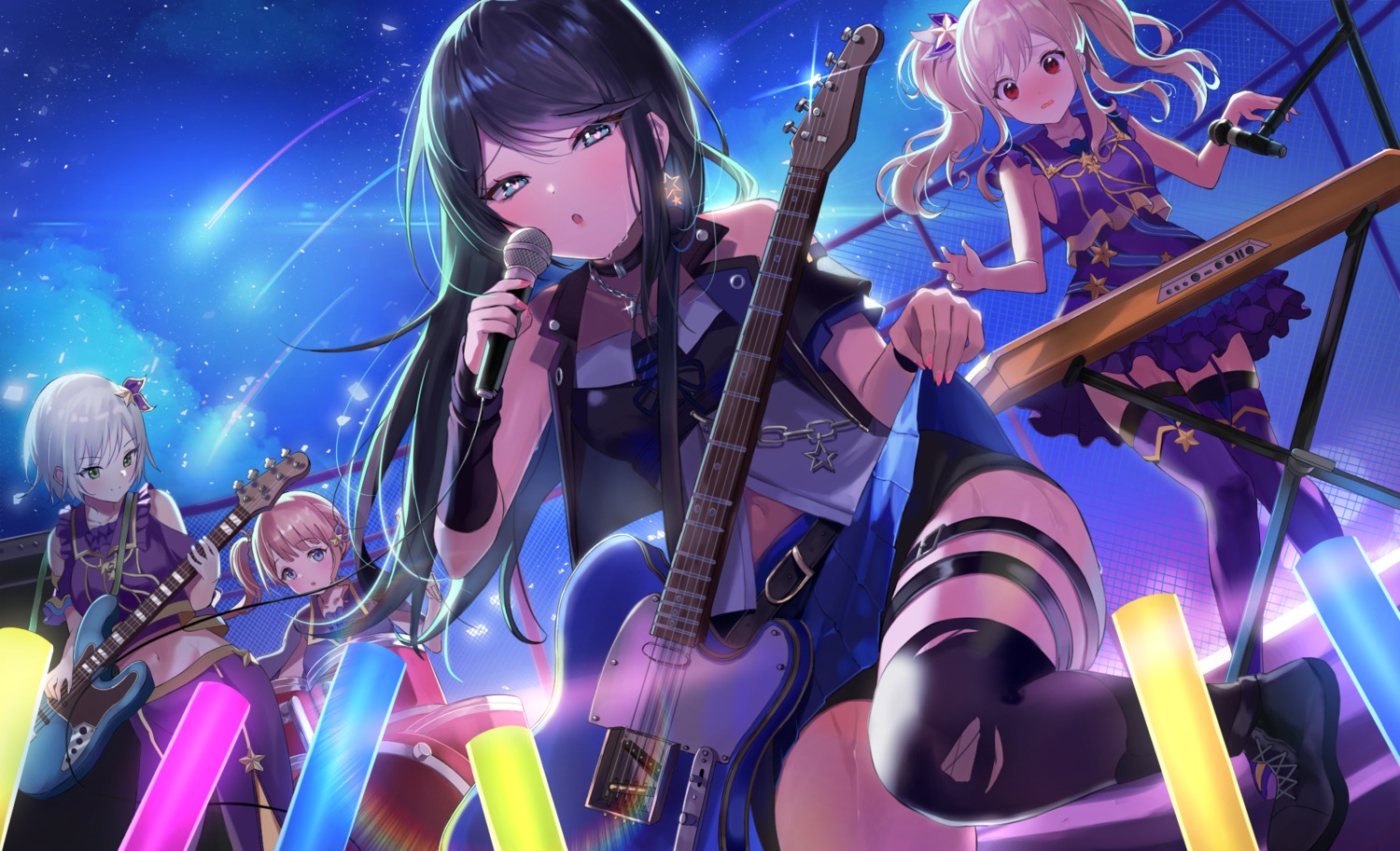 bike_shorts, garter, guitar, hinomori_shiho, hoshino_ichika_(project_sekai), mochizuki_honami, project_sekai, skirt_lift