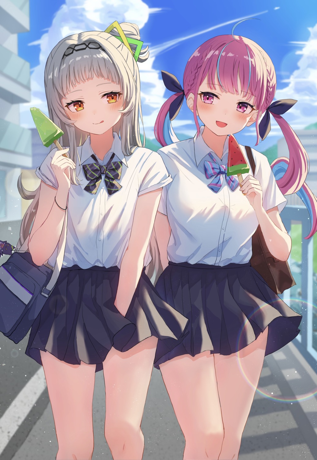 hololive, mei_am0, minato_aqua, murasaki_shion, seifuku, skirt_lift