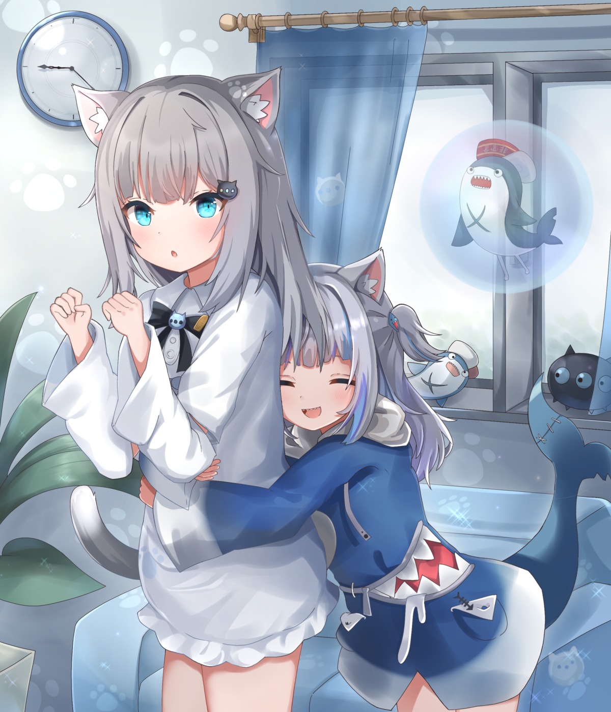 animal_ears, dress, gawr_gura, hololive, hololive_english, indie_virtual_youtuber, nacho_(amashiro_natsuki), nekomimi, nekopurin_(nyanko_prin), tail, yuri