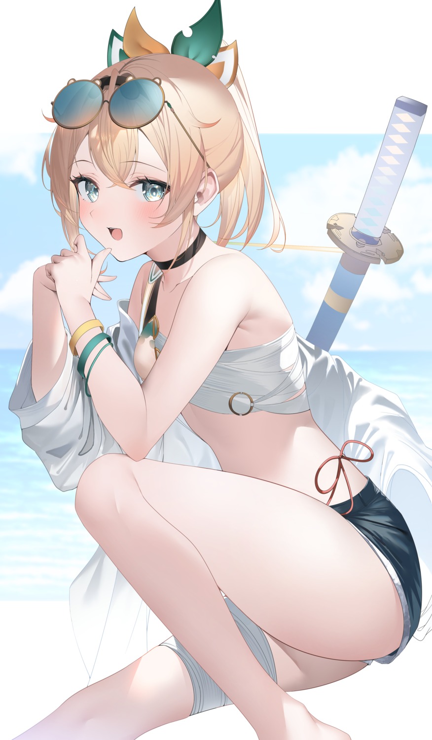 bandages, garter, hololive, kazama_iroha, megane, open_shirt, ryuya, sarashi