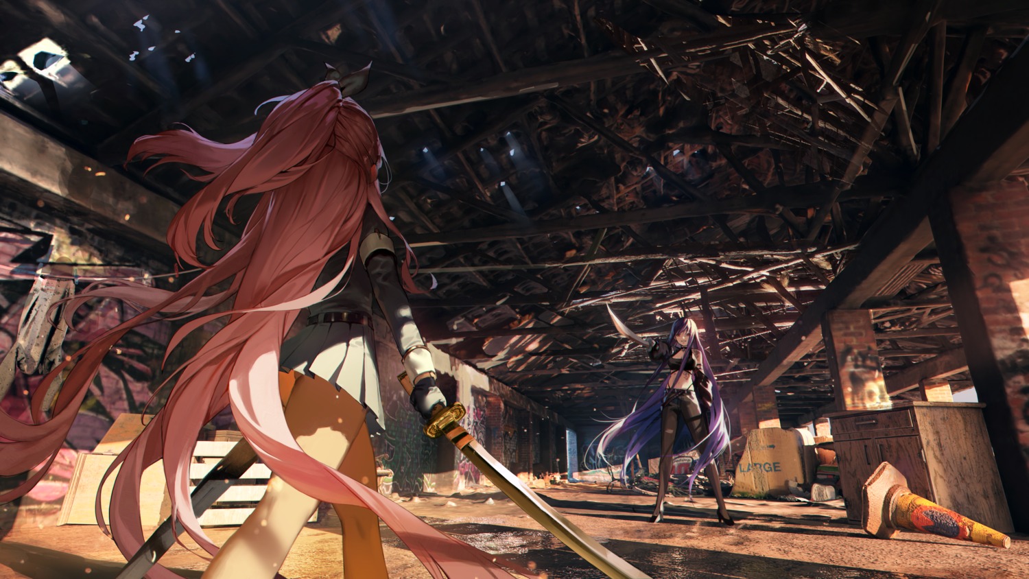 heels, osuti, pantsu, skirt_lift, sword, torn_clothes