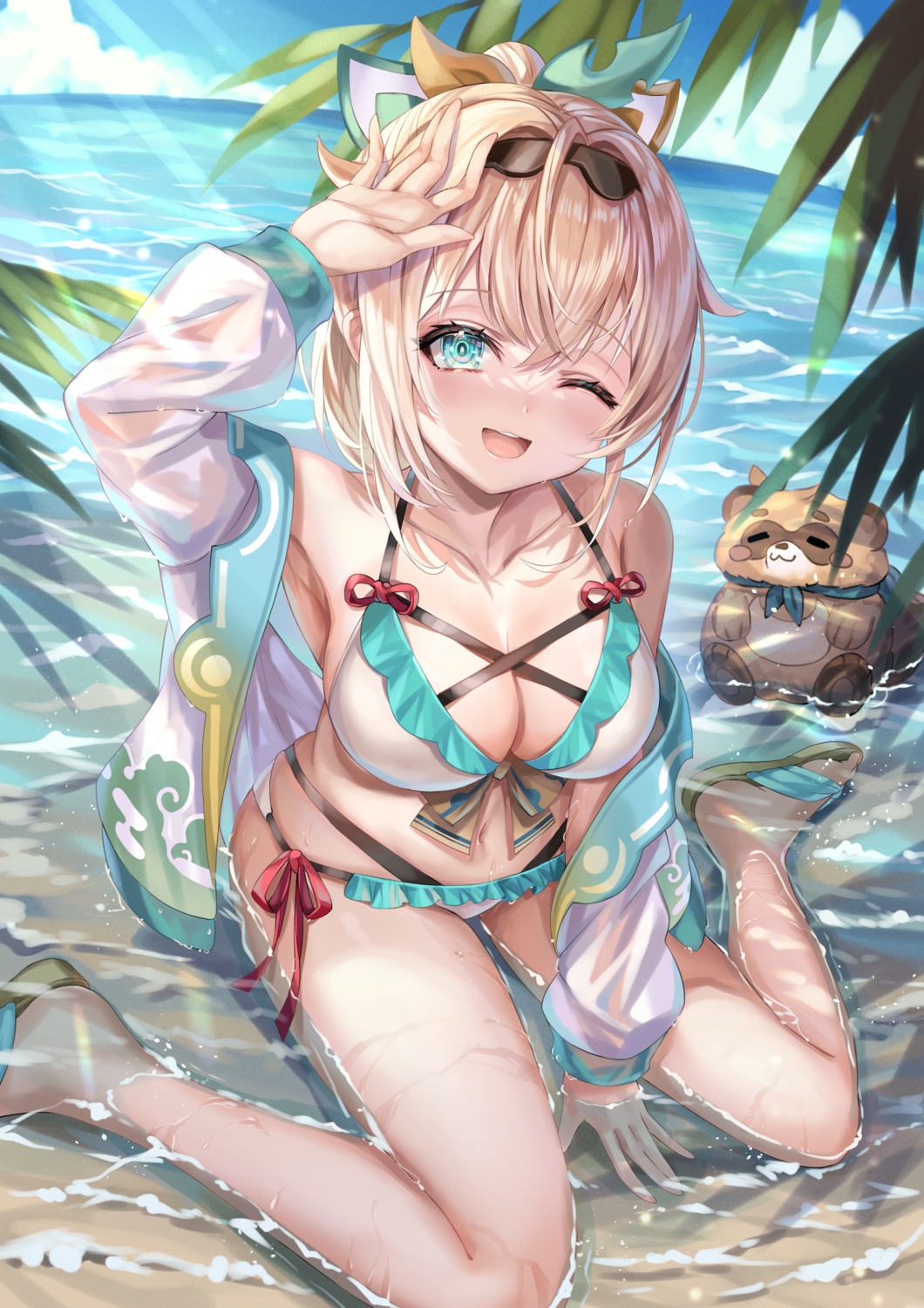 akami770, bikini, hololive, kazama_iroha, open_shirt, see_through, swimsuits, wet, wet_clothes